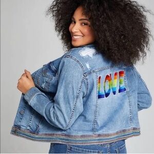 Lane Bryant Pride “Love” Embroidered Rainbow Jean Jacket